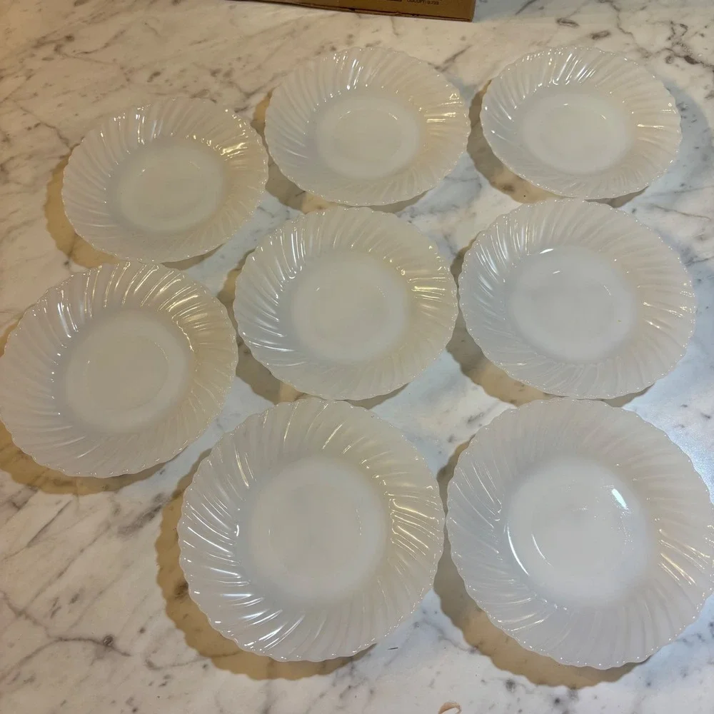 Vintage White Milk Glass Swirl Saucers Set of 8 Scalloped Edge Bread Plates 6in